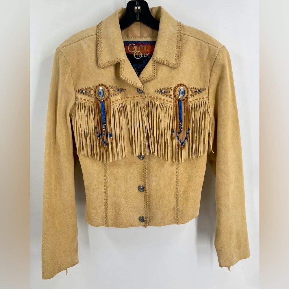 Vintage cripple creek beaded fringe suede leather western jacket conchos RTL 345